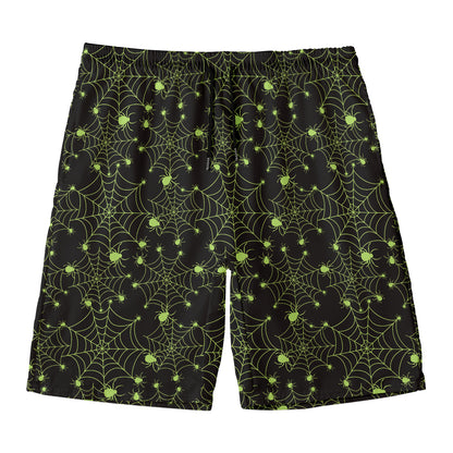 Black And Green Spider Web Pattern Print Men's Swim Trunks