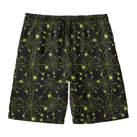 Black And Green Spider Web Pattern Print Men's Swim Trunks