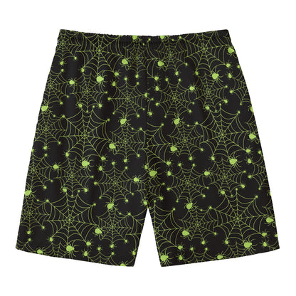Black And Green Spider Web Pattern Print Men's Swim Trunks