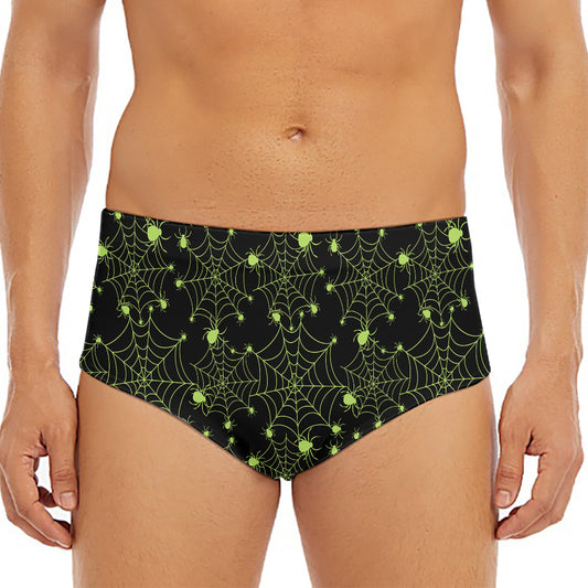 Black And Green Spider Web Pattern Print Men's Triangle Swim Briefs