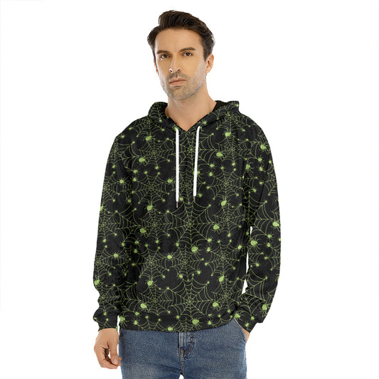 Black And Green Spider Web Pattern Print Men's Velvet Pullover Hoodie