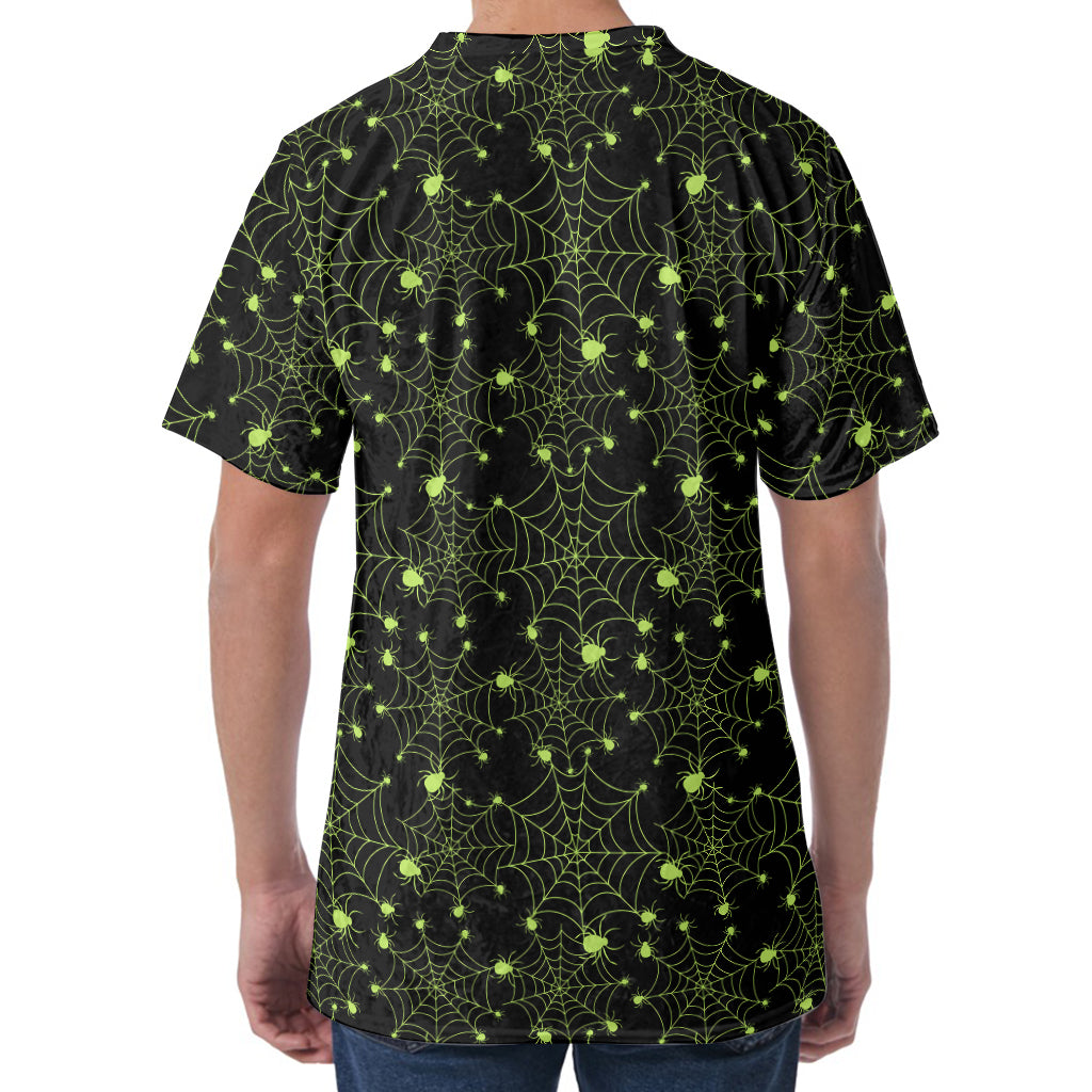 Black And Green Spider Web Pattern Print Men's Velvet T-Shirt