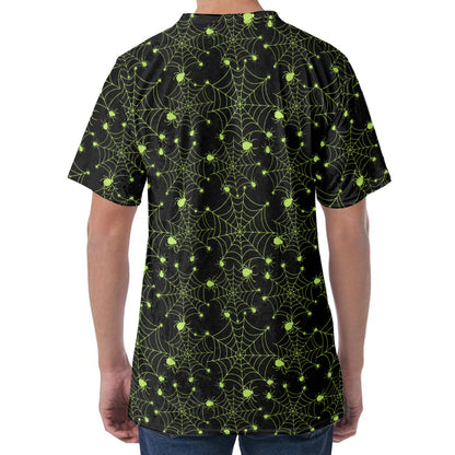 Black And Green Spider Web Pattern Print Men's Velvet T-Shirt