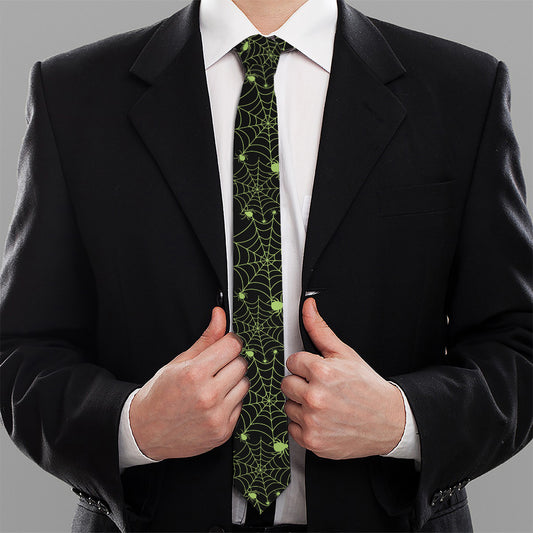 Black And Green Spider Web Pattern Print Necktie