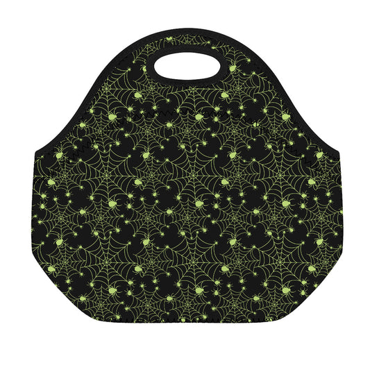 Black And Green Spider Web Pattern Print Neoprene Lunch Bag