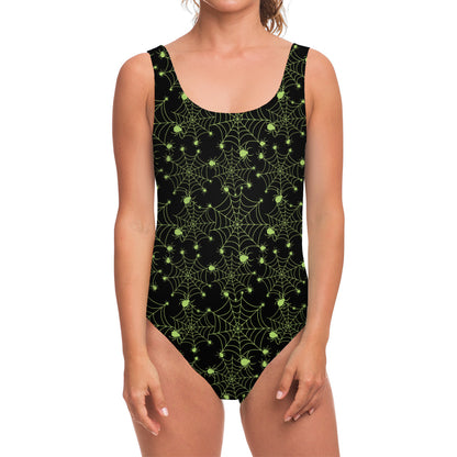 Black And Green Spider Web Pattern Print One Piece Swimsuit