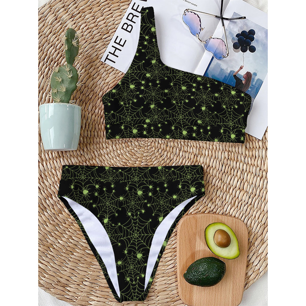Black And Green Spider Web Pattern Print One Shoulder Bikini Top