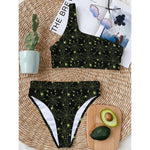 Black And Green Spider Web Pattern Print One Shoulder Bikini Top