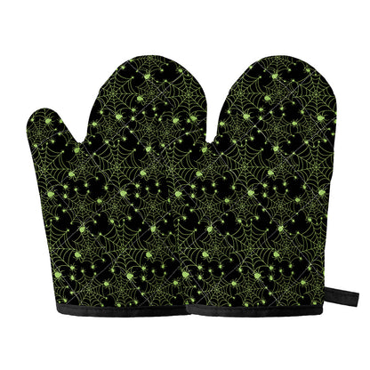 Black And Green Spider Web Pattern Print Oven Mitts