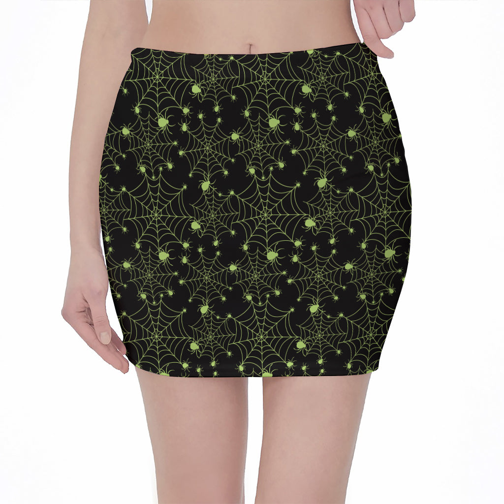 Black And Green Spider Web Pattern Print Pencil Mini Skirt
