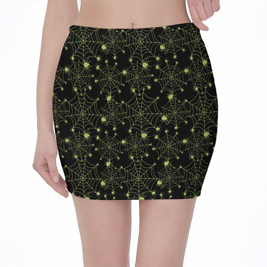 Black And Green Spider Web Pattern Print Pencil Mini Skirt