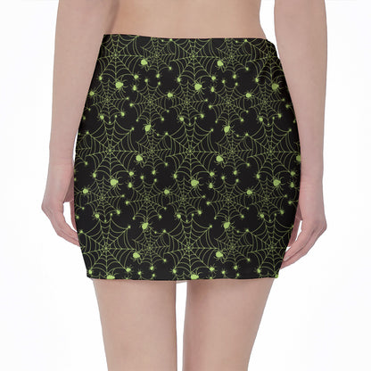 Black And Green Spider Web Pattern Print Pencil Mini Skirt