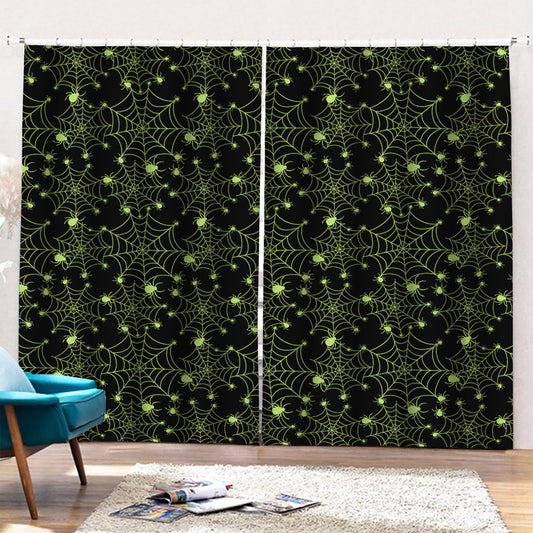 Black And Green Spider Web Pattern Print Pencil Pleat Curtains