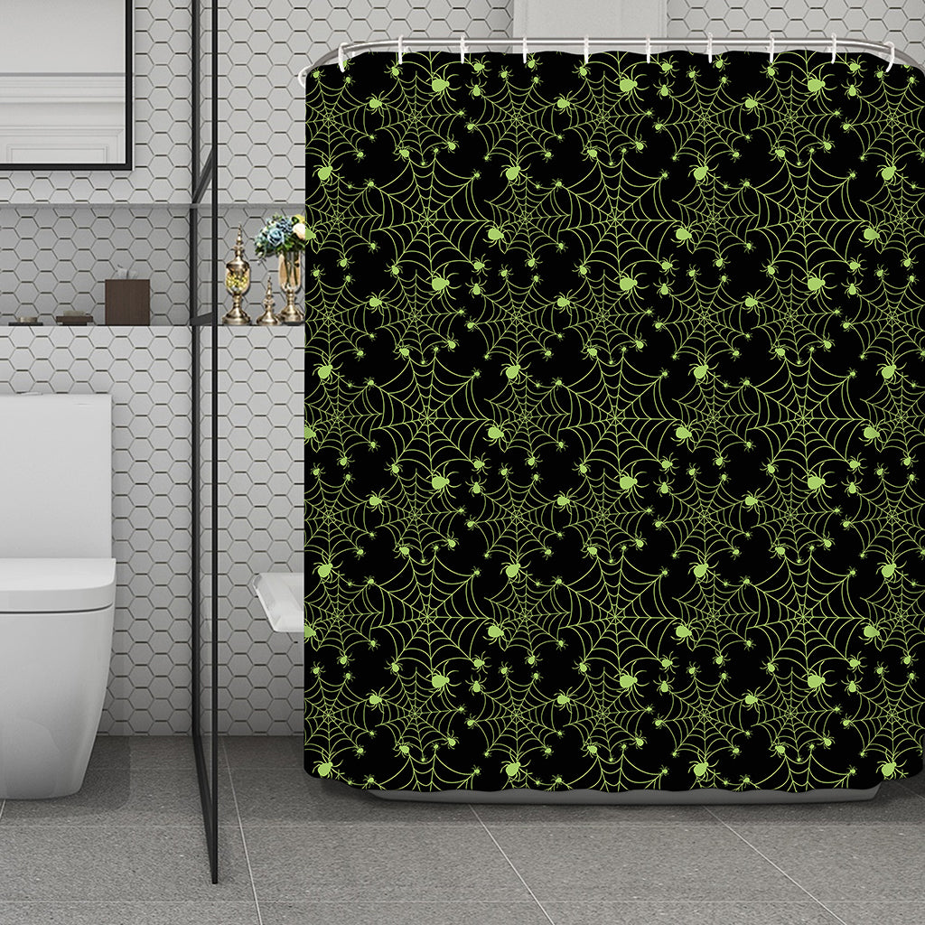 Black And Green Spider Web Pattern Print Polyester Shower Curtain