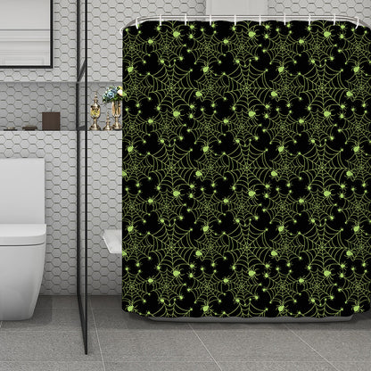 Black And Green Spider Web Pattern Print Polyester Shower Curtain