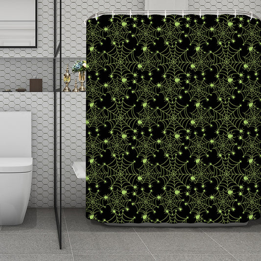Black And Green Spider Web Pattern Print Polyester Shower Curtain
