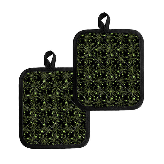 Black And Green Spider Web Pattern Print Pot Holders