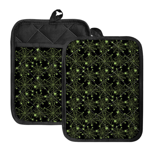 Black And Green Spider Web Pattern Print Pot Holders With Pocket