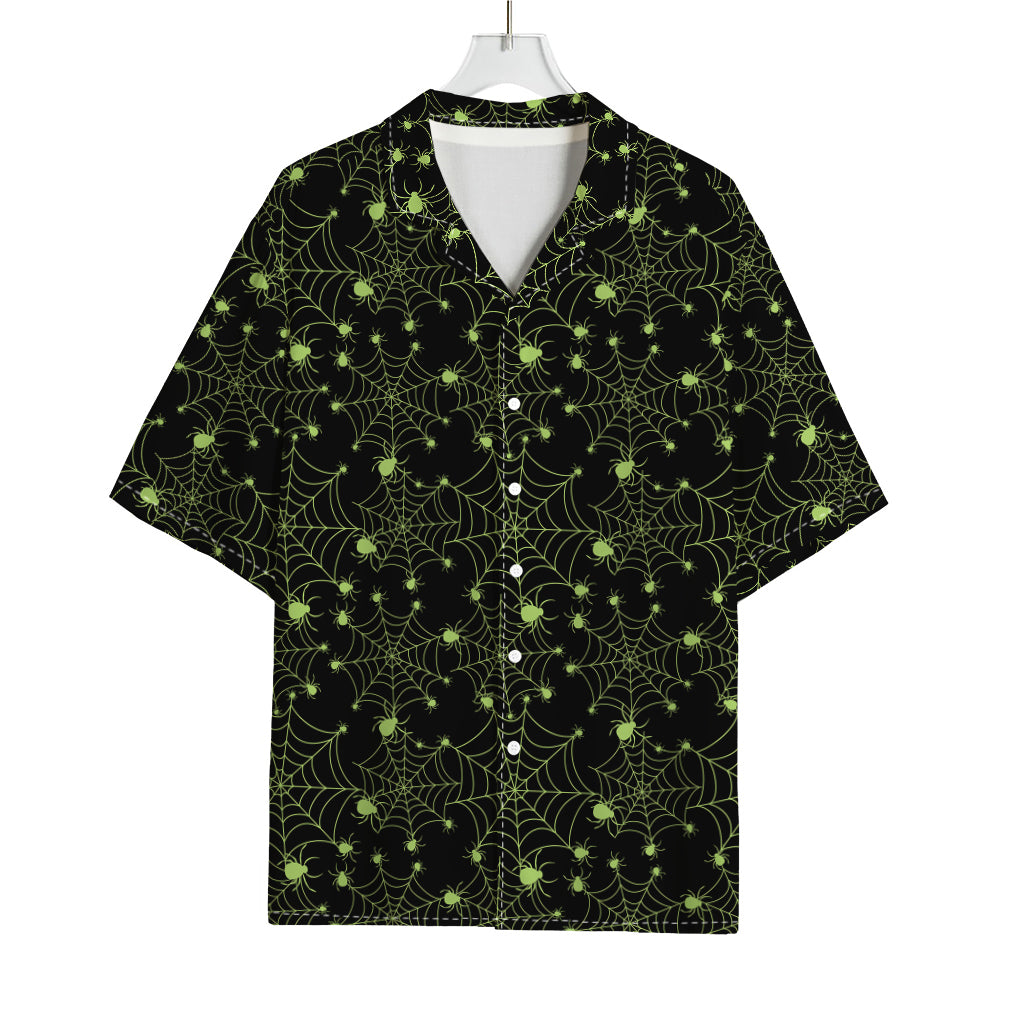 Black And Green Spider Web Pattern Print Rayon Hawaiian Shirt
