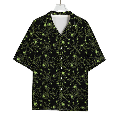 Black And Green Spider Web Pattern Print Rayon Hawaiian Shirt