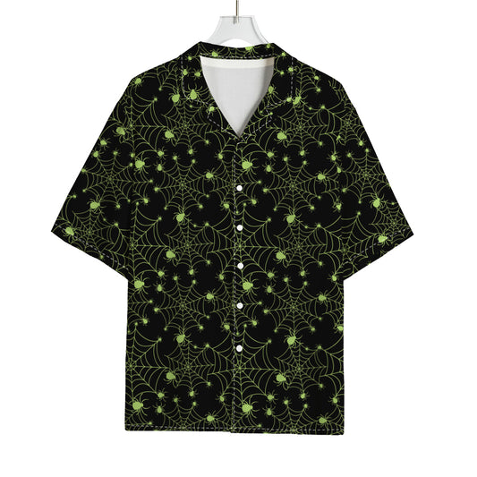 Black And Green Spider Web Pattern Print Rayon Hawaiian Shirt