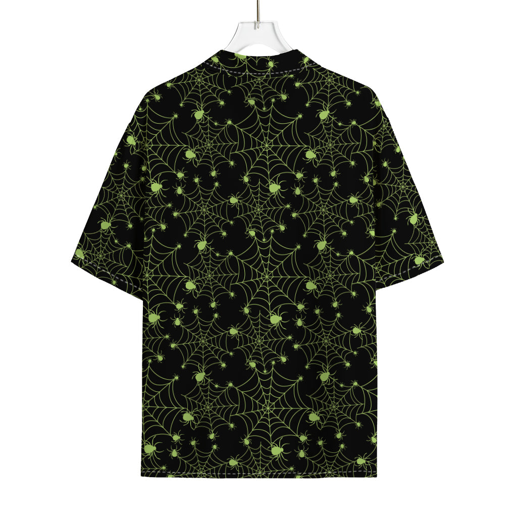 Black And Green Spider Web Pattern Print Rayon Hawaiian Shirt
