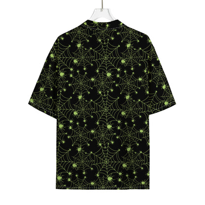 Black And Green Spider Web Pattern Print Rayon Hawaiian Shirt