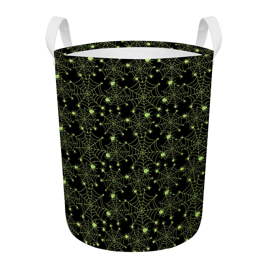 Black And Green Spider Web Pattern Print Round Laundry Basket