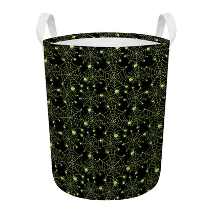 Black And Green Spider Web Pattern Print Round Laundry Basket