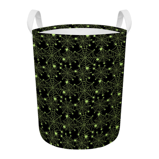 Black And Green Spider Web Pattern Print Round Laundry Basket
