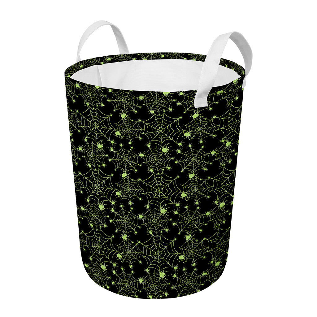 Black And Green Spider Web Pattern Print Round Laundry Basket