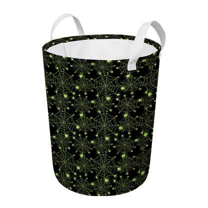 Black And Green Spider Web Pattern Print Round Laundry Basket