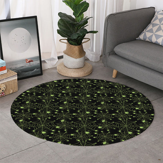 Black And Green Spider Web Pattern Print Round Rug