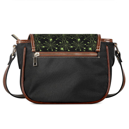 Black And Green Spider Web Pattern Print Saddle Bag