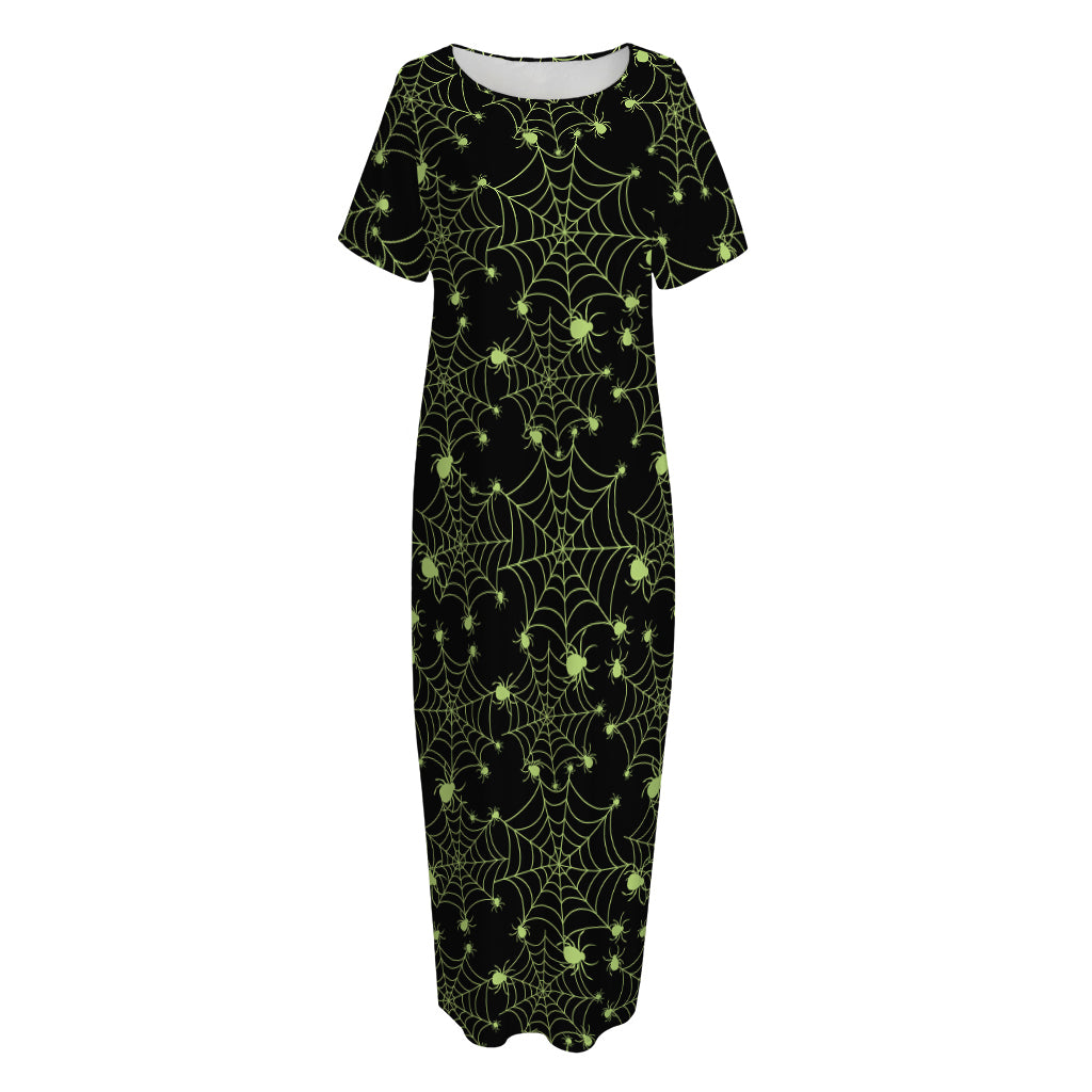 Black And Green Spider Web Pattern Print Short Sleeve Long Nightdress