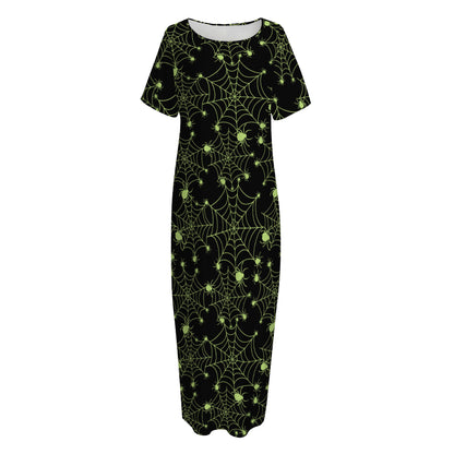 Black And Green Spider Web Pattern Print Short Sleeve Long Nightdress