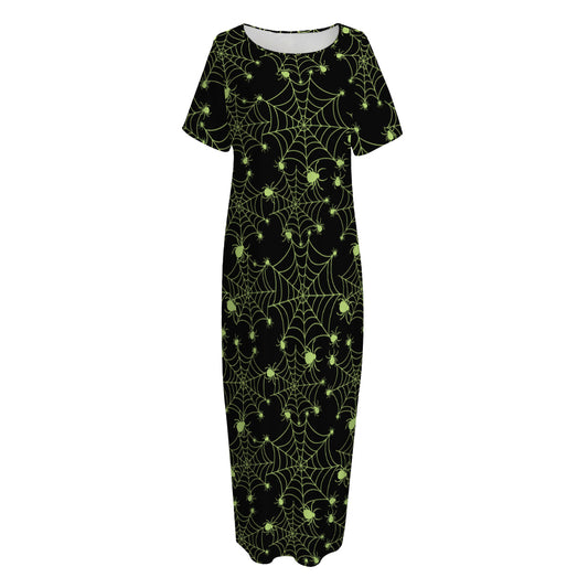 Black And Green Spider Web Pattern Print Short Sleeve Long Nightdress