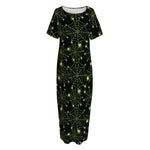Black And Green Spider Web Pattern Print Short Sleeve Long Nightdress