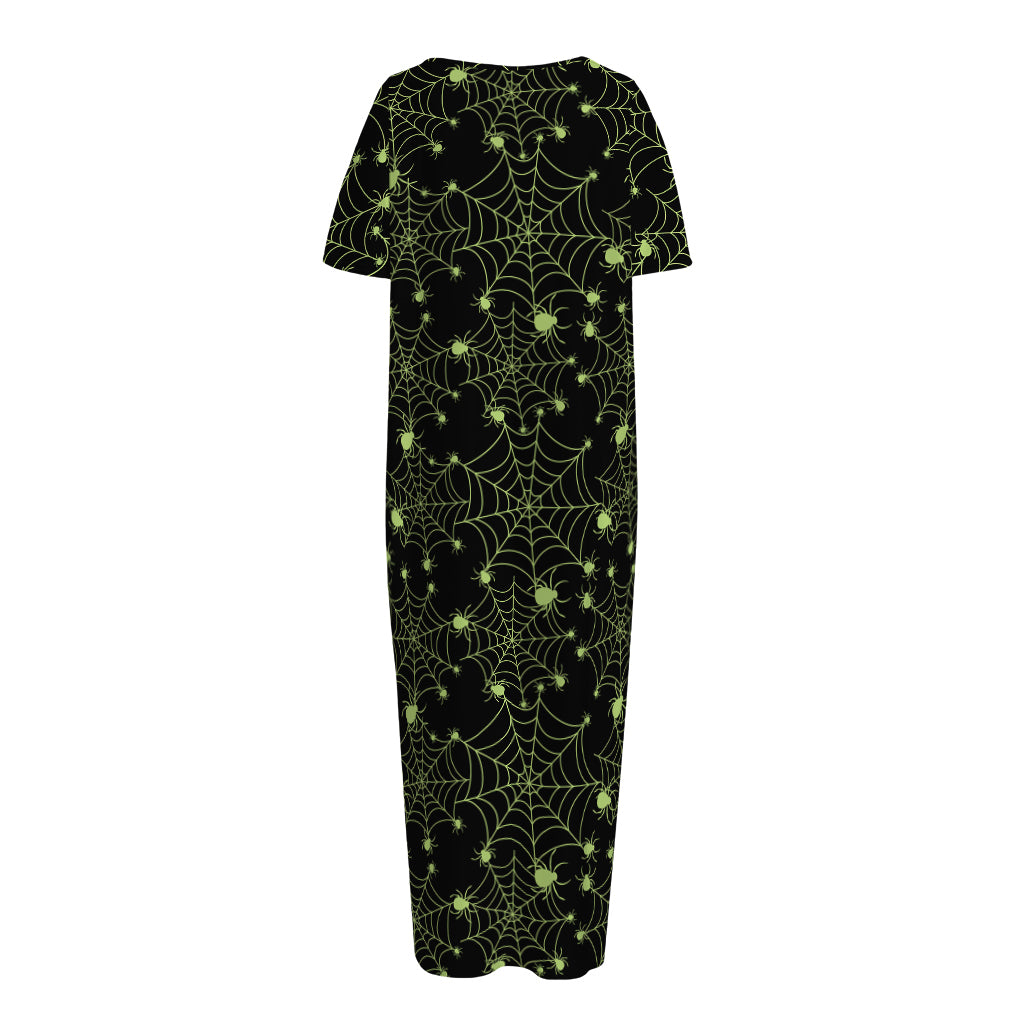 Black And Green Spider Web Pattern Print Short Sleeve Long Nightdress