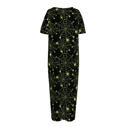 Black And Green Spider Web Pattern Print Short Sleeve Long Nightdress