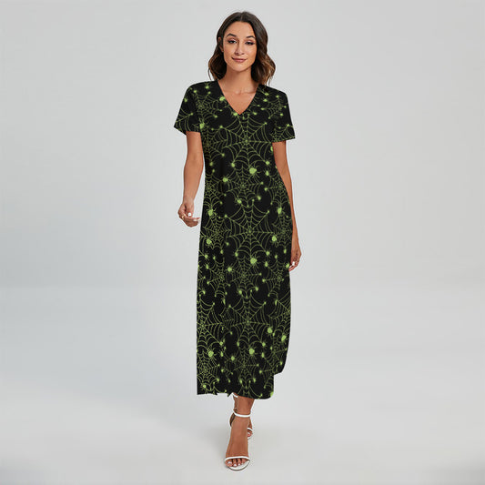 Black And Green Spider Web Pattern Print Short Sleeve Maxi Dress