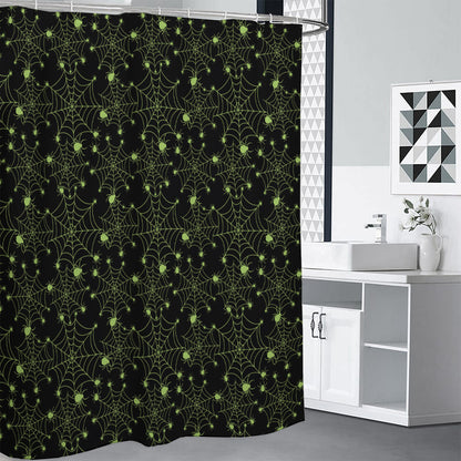 Black And Green Spider Web Pattern Print Shower Curtain