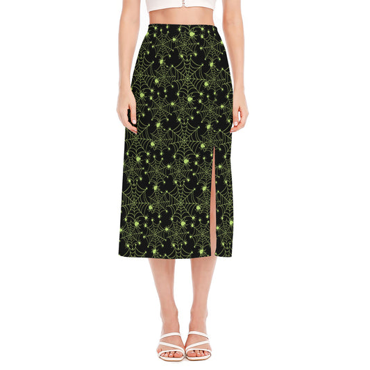 Black And Green Spider Web Pattern Print Side Slit Midi Skirt