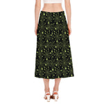 Black And Green Spider Web Pattern Print Side Slit Midi Skirt