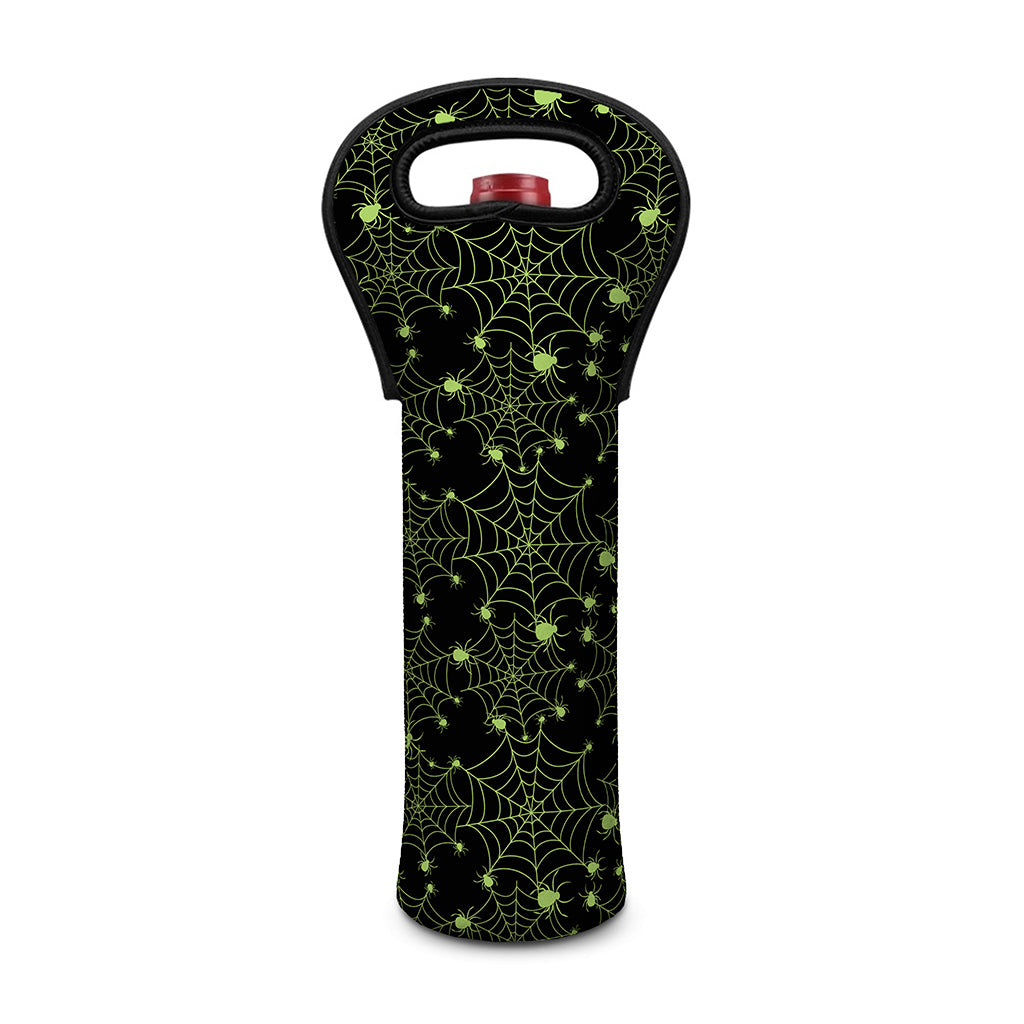 Black And Green Spider Web Pattern Print Single Neoprene Wine Tote