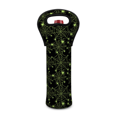 Black And Green Spider Web Pattern Print Single Neoprene Wine Tote