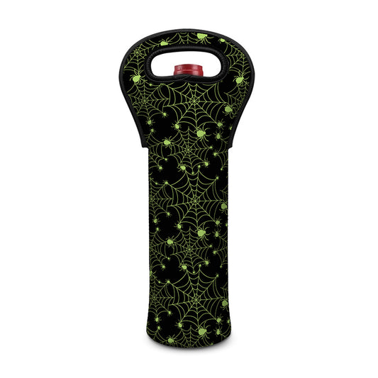 Black And Green Spider Web Pattern Print Single Neoprene Wine Tote