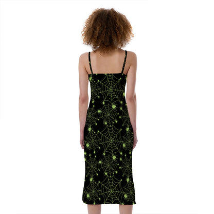 Black And Green Spider Web Pattern Print Slim Fit Midi Cami Dress