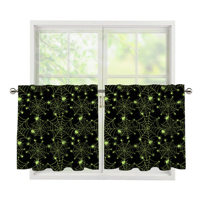 Black And Green Spider Web Pattern Print Tier Curtains