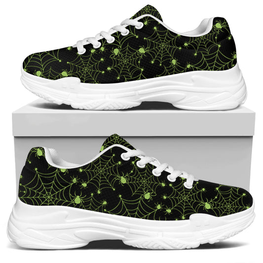 Black And Green Spider Web Pattern Print White Chunky Shoes
